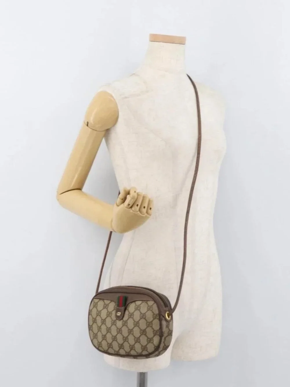 GUCCI GG Supreme Web Sherry Line Bag PVC Beige Gold 007 58 6112 Auth 176401